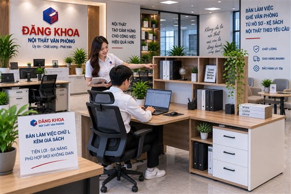 Ảnh: Bàn làm việc chữ L kèm giá sách có tốt không? Gợi ý những loại bàn phổ biến hiện nay