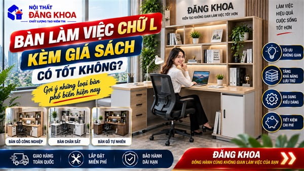 Ảnh: Bàn chữ L kèm giá sách giúp tiết kiệm diện tích phòng