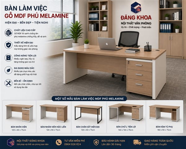 Cấu tạo bàn làm việc gỗ MDF phủ Melamine
