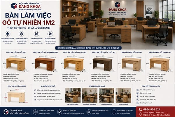 Kích thước bàn làm việc gỗ tự nhiên 1m2 phổ biến
