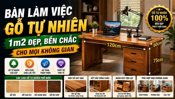 Bàn Làm Việc Gỗ Tự Nhiên 1m2 Đẹp, Bền Chắc Cho Mọi Không Gian