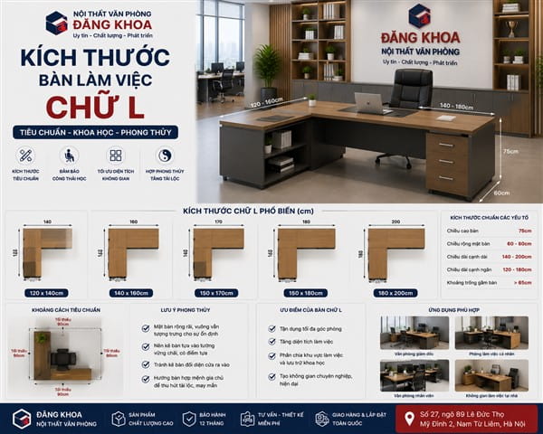 Kích thước bàn chữ L 1m2