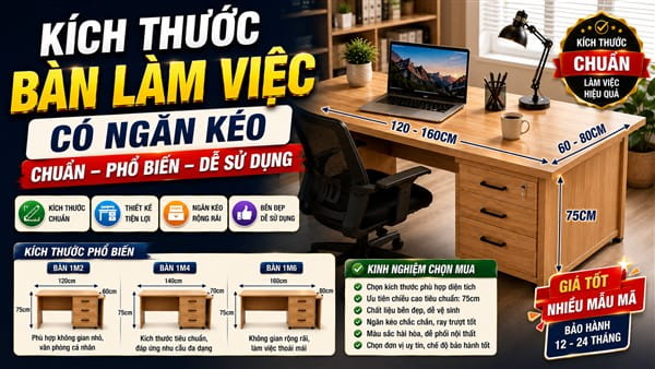 Kích Thước Bàn Làm Việc Có Ngăn Kéo Chuẩn, Phổ Biến Và Dễ Sử Dụng
