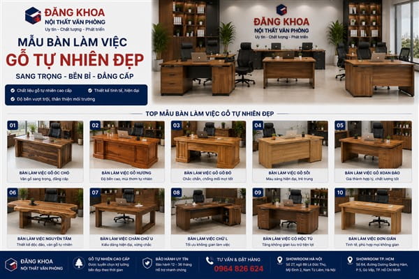 Bàn làm việc gỗ tự nhiên chân gỗ