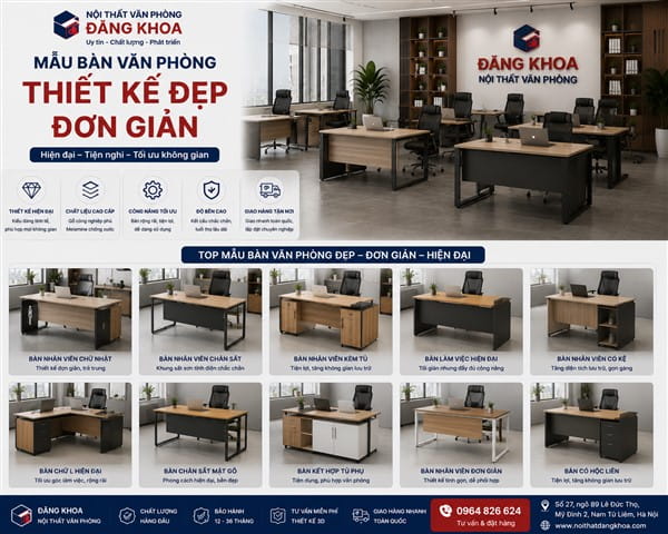 Những mẫu bàn văn phòng thiết kế đẹp đơn giản phổ biến