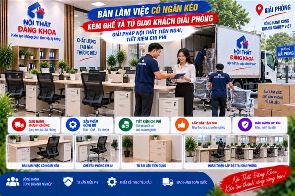 Ảnh: Bàn làm việc có ngăn kéo kèm ghế và tủ giao khách Giải Phóng: Giải pháp nội thất tiện nghi, tiết kiệm chi phí