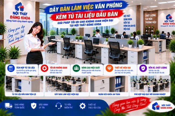 Ảnh: Dãy bàn làm việc văn phòng kèm tủ tài liệu đầu bàn: Giải pháp tối ưu cho không gian hiện đại