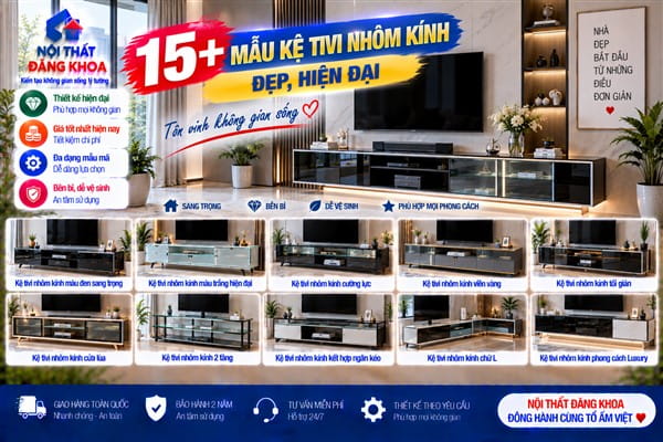 Ảnh: Kệ tivi nhôm kính phù hợp với phong cách nội thất hiện đại