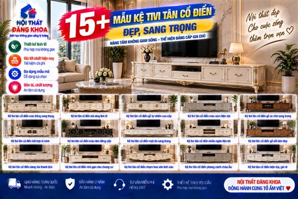 Ảnh: Kệ tivi màu trắng dễ kết hợp với sofa và bàn trà tân cổ điển