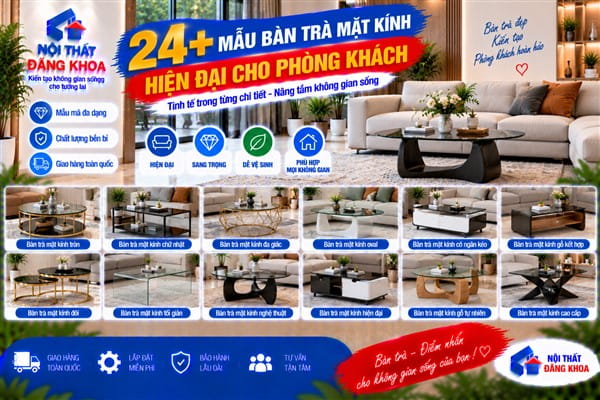 Ảnh: 24+ Mẫu bàn trà mặt kính hiện đại cho phòng khách
