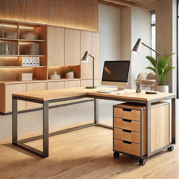 Mẫu bàn chữ L kèm hộc tủ di động