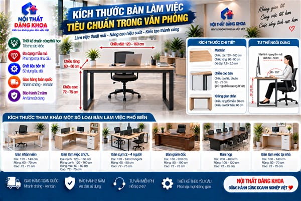 Ảnh: Chiều cao bàn làm việc phổ biến khoảng 72–75 cm