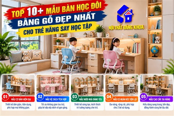 Ảnh: Top 10+ Mẫu bàn học đôi bằng gỗ đẹp nhất cho trẻ hăng say học tập