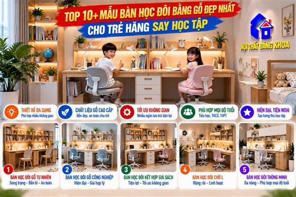 Ảnh: Bàn học đôi bằng gỗ có nhiều kiểu dáng phù hợp với nội thất gia đình