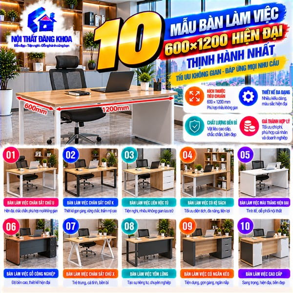 Bàn làm việc 600×1200 giúp tiết kiệm diện tích văn phòng hiệu quả