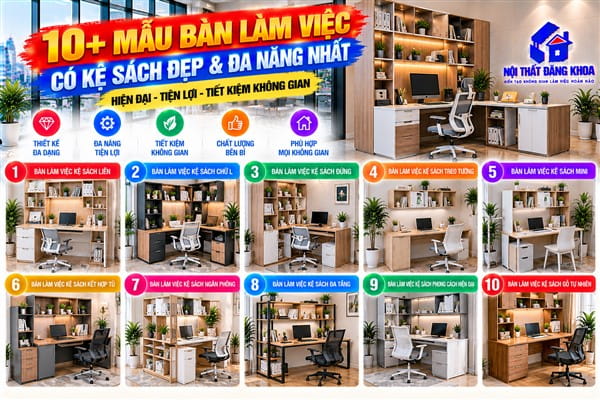 Ảnh: Thiết kế bàn làm việc có giá sách đẹp và hiện đại