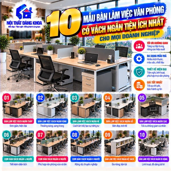 Bàn làm việc có vách ngăn giúp tối ưu diện tích sử dụng văn phòng