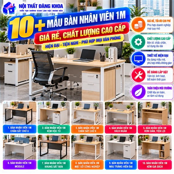 Bàn nhân viên 1m mang đến vẻ đẹp hiện đại và gọn gàng cho văn phòng
