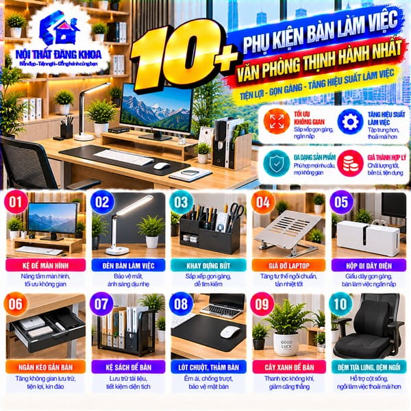 Phụ kiện bàn làm việc giúp tối ưu diện tích sử dụng hiệu quả