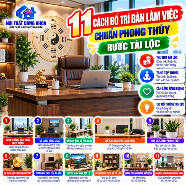 11 CÁCH BỐ TRÍ BÀN LÀM VIỆC CHUẨN PHONG THỦY, RƯỚC TÀI LỘC