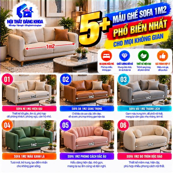 Sofa 1m2 phù hợp với phòng khách nhỏ và căn hộ chung cư mini