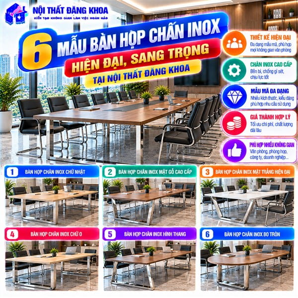 Bàn họp chân inox dễ dàng kết hợp với nhiều chất liệu mặt bàn