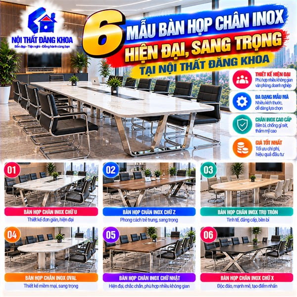 Bàn họp chân inox có kết cấu chắc chắn và khả năng chịu lực tốt