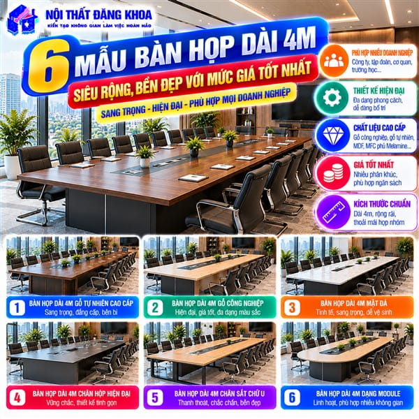 Bàn họp dài 4m tạo không gian rộng rãi để sử dụng tài liệu và thiết bị