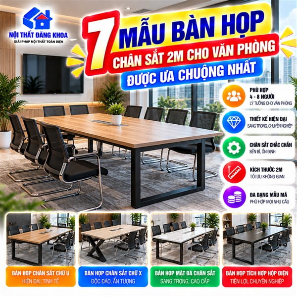 7 Mẫu Bàn Họp Chân Sắt 2m Cho Văn Phòng Được Ưa Chuộng Nhất