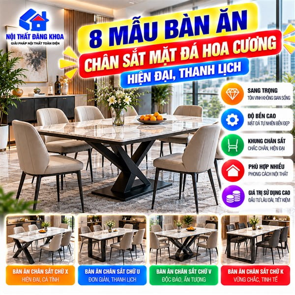 8 Mẫu Bàn Ăn Chân Sắt Mặt Đá Hoa Cương Hiện Đại, Thanh Lịch