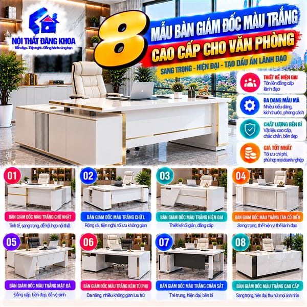 Bàn giám đốc màu trắng giúp không gian làm việc trông rộng rãi và thông thoáng