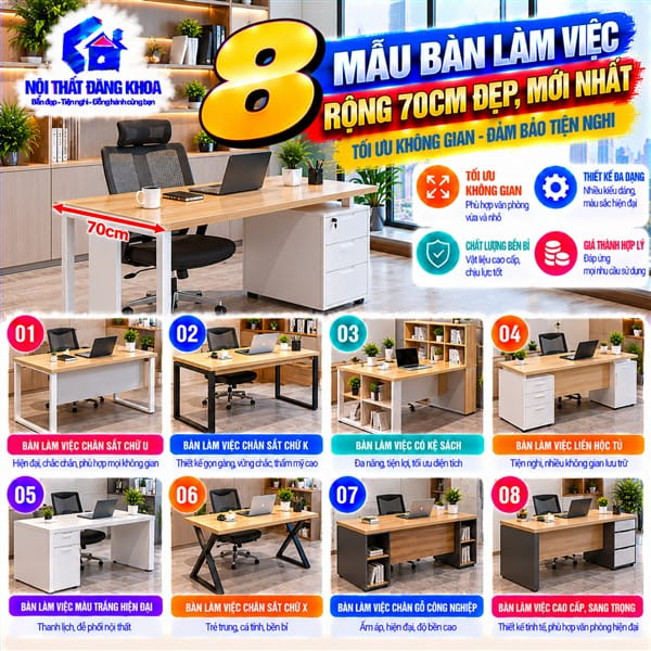 Bàn làm việc rộng 70cm giúp bố trí màn hình máy tính thuận tiện hơn