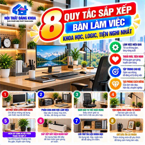8 QUY TẮC SẮP XẾP BÀN LÀM VIỆC KHOA HỌC, LOGIC, TIỆN NGHI NHẤT: BÍ QUYẾT CHO GÓC LÀM VIỆC HOÀN HẢO.