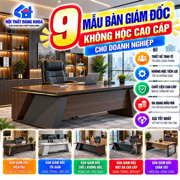 Bàn giám đốc không hộc sở hữu thiết kế tối giản và hiện đại