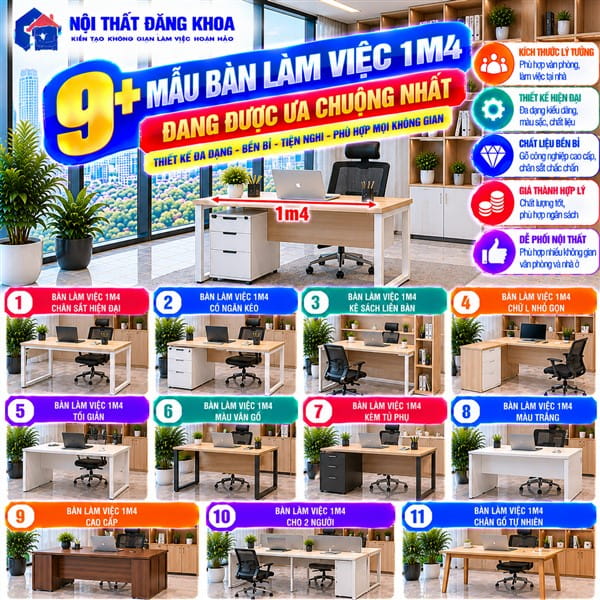 Bàn làm việc 1m4 cung cấp diện tích đủ rộng để sử dụng máy tính