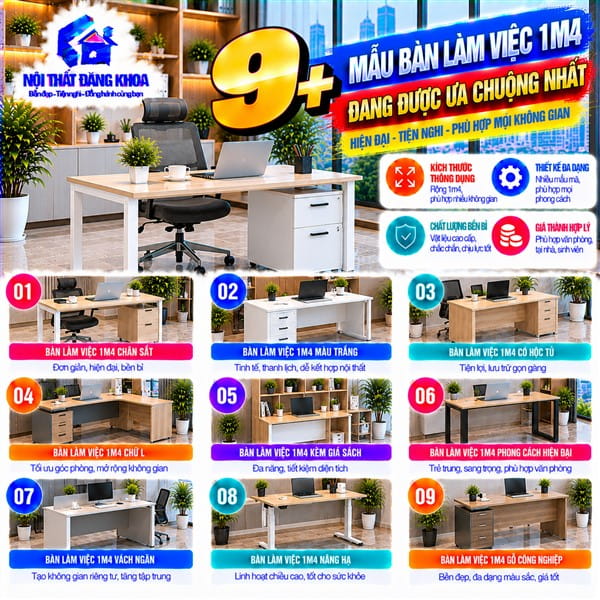 Bàn làm việc 1m4 phù hợp với văn phòng và góc làm việc tại nhà