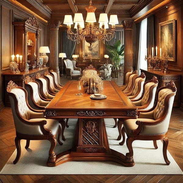 Bộ bàn ăn gỗ óc chó (walnut) bọc da tân cổ điển