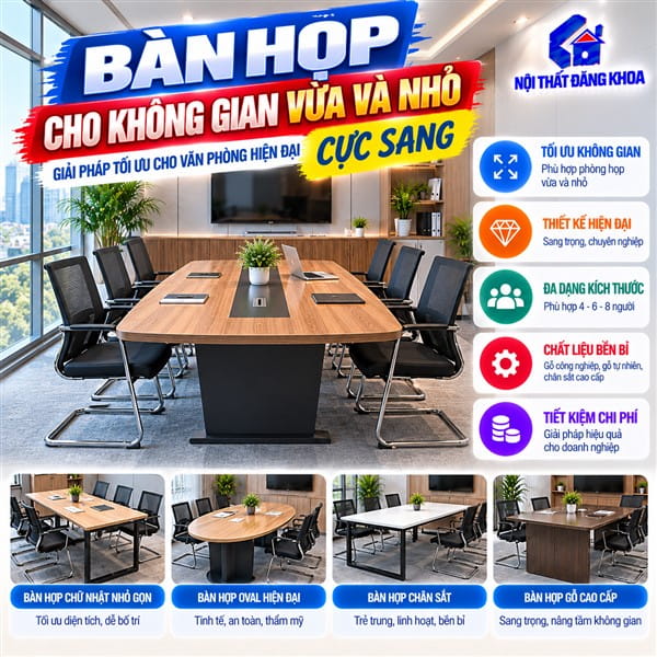 Bàn họp nhỏ gọn giúp tiết kiệm diện tích nhưng vẫn đáp ứng nhu cầu trao đổi