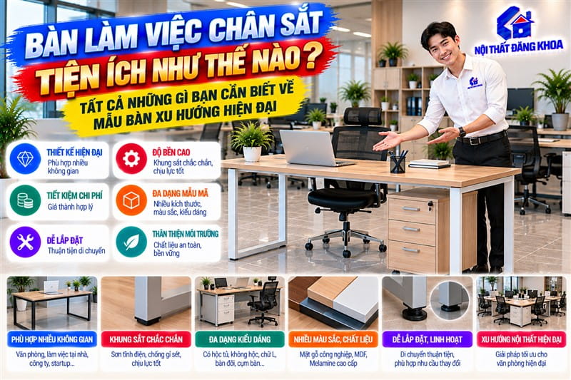 Bàn làm việc chân sắt có thiết kế hiện đại và dễ phối hợp nội thất