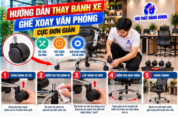 Ảnh: Thay bánh xe ghế xoay chống trầy sàn giúp bảo vệ bề mặt nền nhà