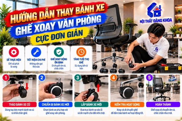 Ảnh: Thay bánh xe ghế văn phòng giúp hạn chế nguy cơ mất an toàn khi sử dụng