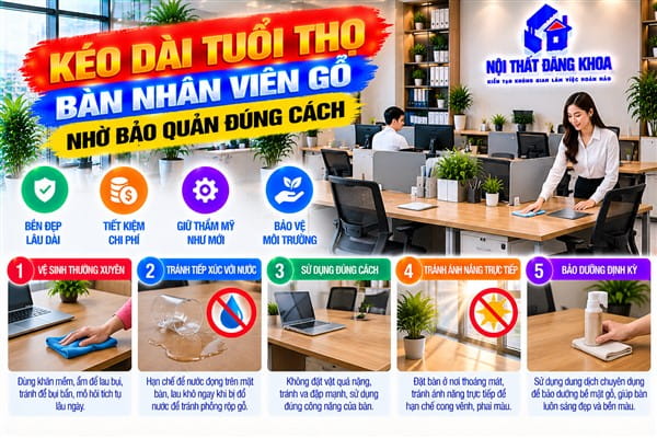 Ảnh: Bàn nhân viên gỗ có thể kết hợp hộc tủ để tăng khả năng lưu trữ