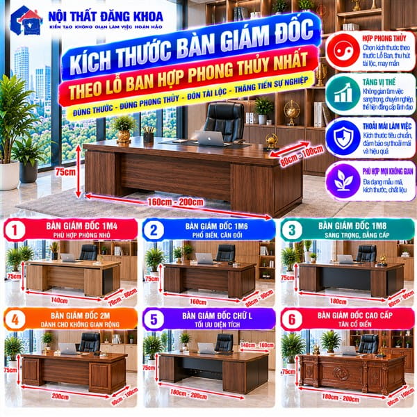 Kích thước bàn giám đốc phù hợp giúp tạo không gian làm việc cân đối