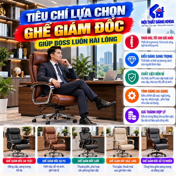 Ghế giám đốc phù hợp hỗ trợ duy trì tư thế ngồi làm việc thuận tiện