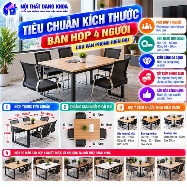 Xác định kích thước bàn họp phù hợp giúp người tham gia ngồi thoải mái