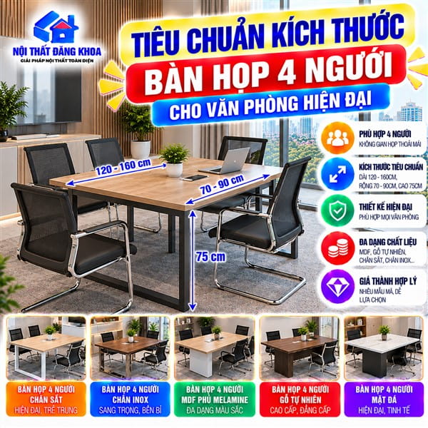Tiêu chuẩn kích thước bàn họp 4 người cho văn phòng hiện đại