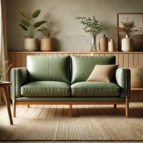 Sofa da màu xanh rêu chân gỗ – Gần gũi, nhẹ nhàng