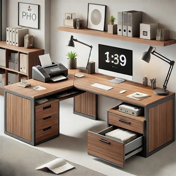 Bàn giám đốc chữ L có tủ phụ chứa máy in