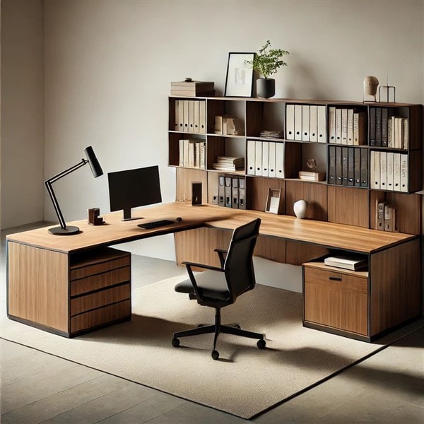 Bàn giám đốc chữ L kèm kệ sách bên hông
